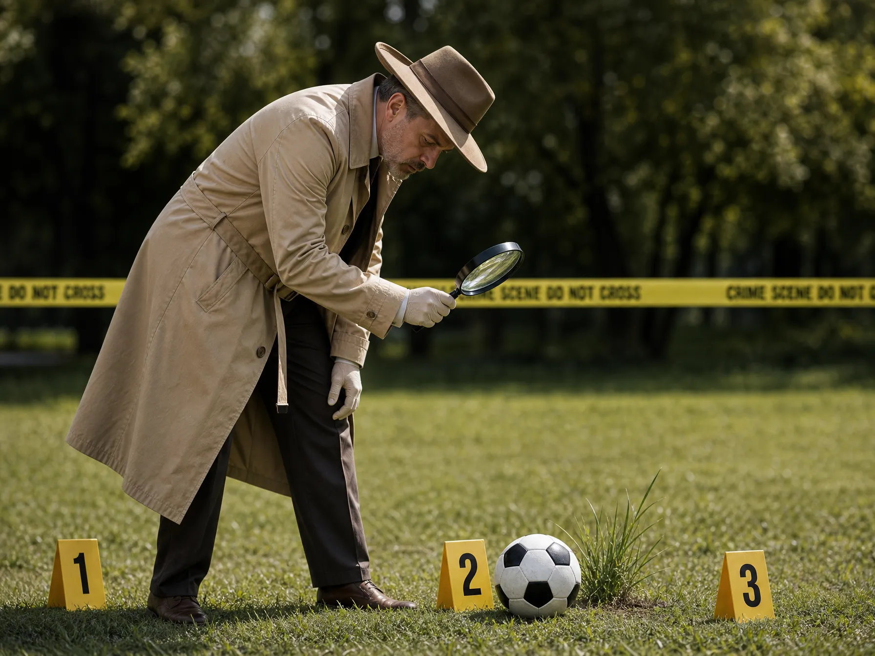 A detective in a trench coat inspecting a football with a magnifying glass beside numbered crime scene markers