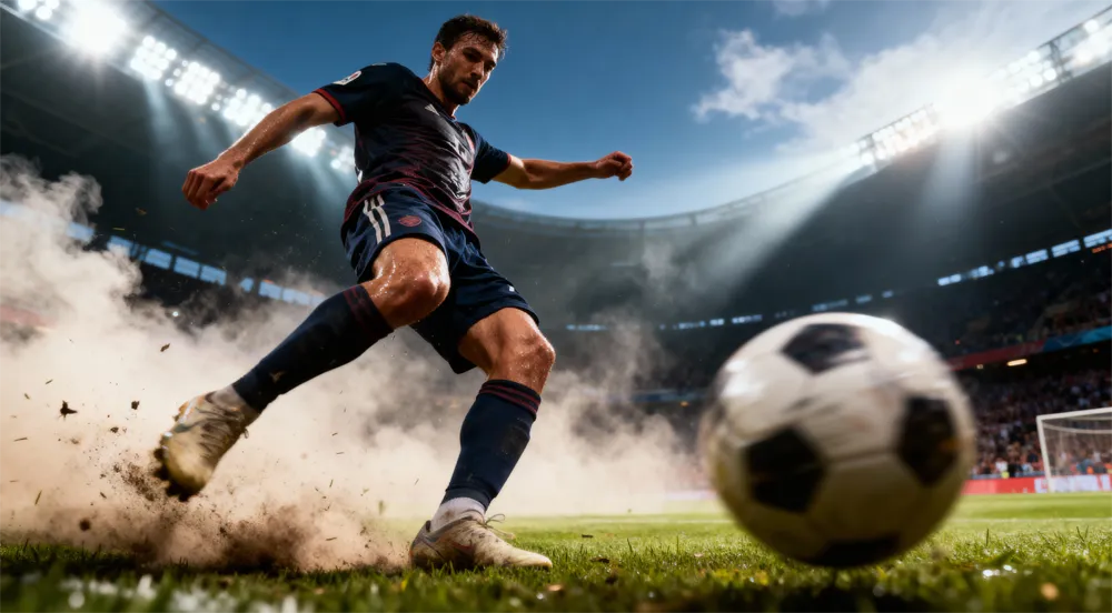 A footballer striking the ball under floodlights, turf flying up behind him