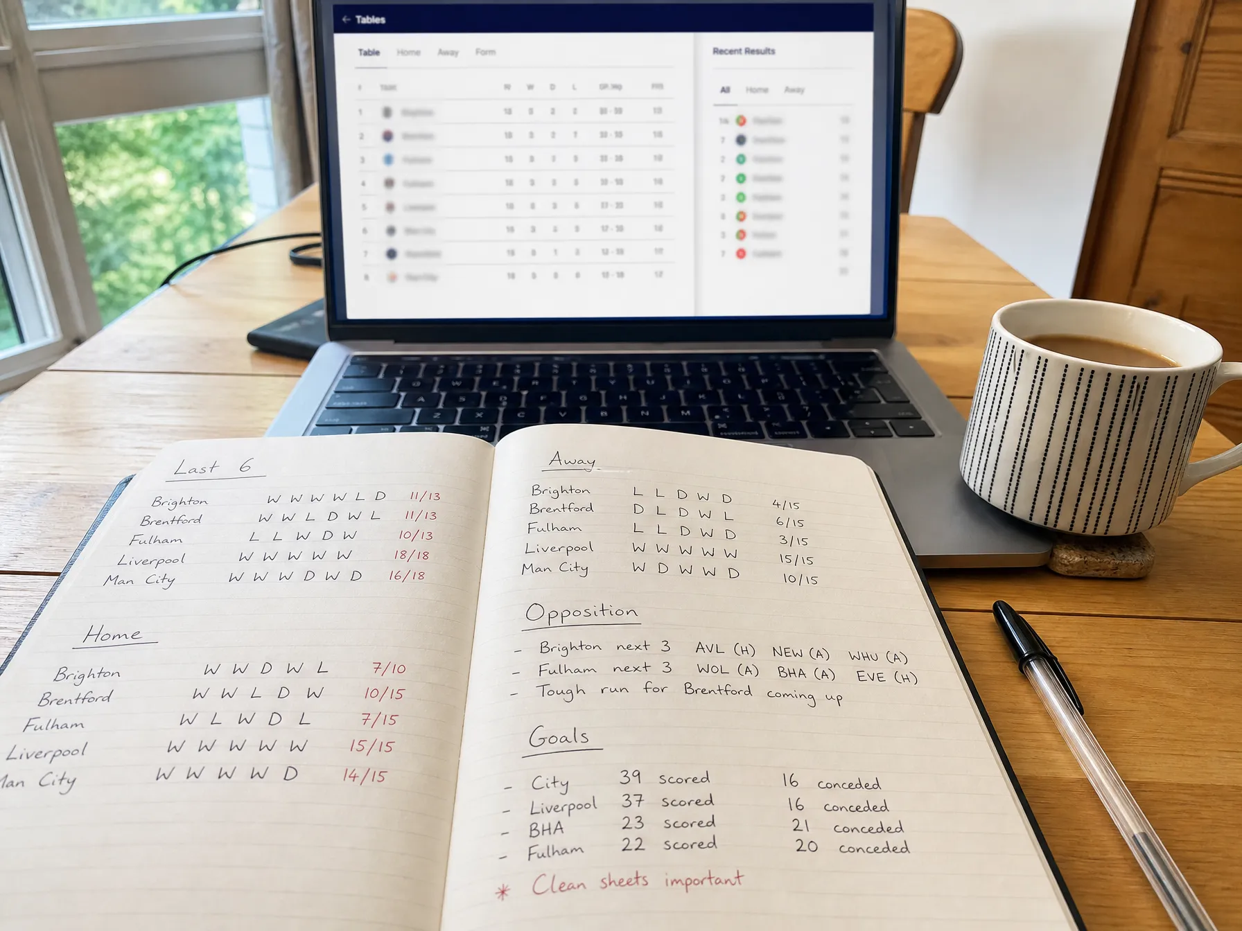 A handwritten notebook of form, home and away records and goal tallies beside a laptop showing league tables and a mug of tea