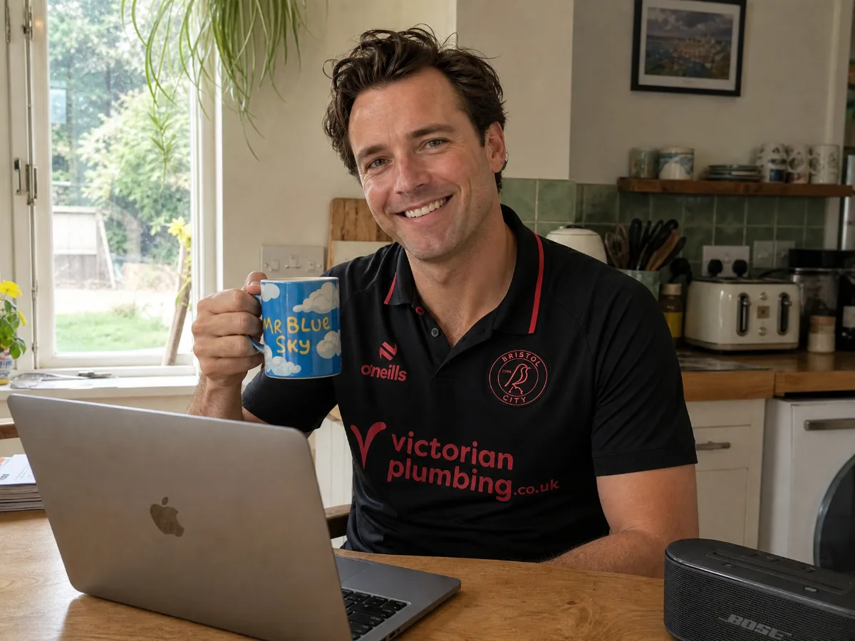 Theo Sinclair at his kitchen table in a Bristol City shirt, holding a Mr Blue Sky mug beside his laptop
